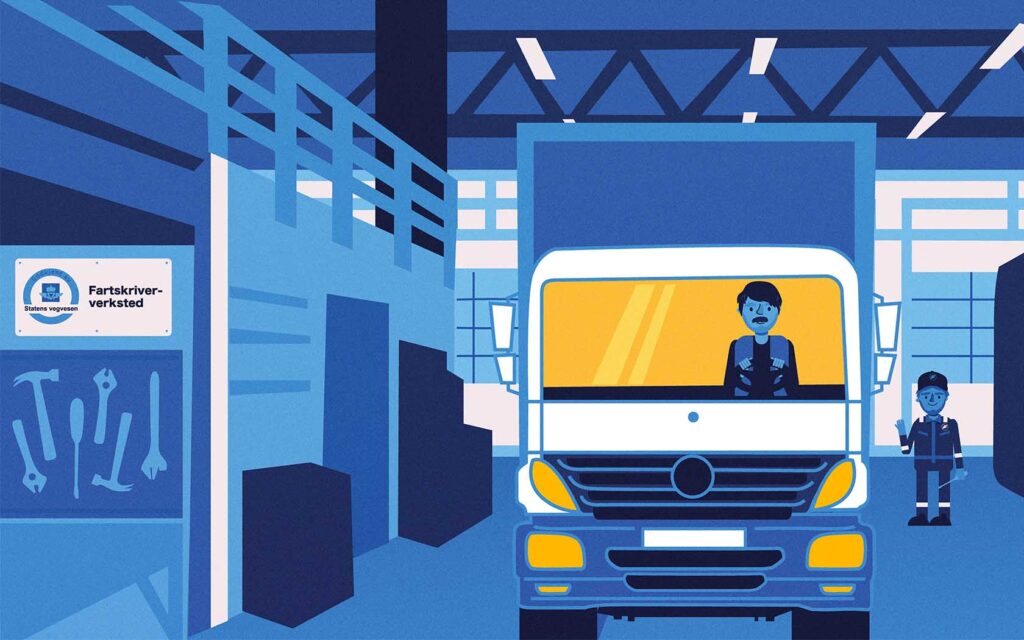 Illustrasjon av lastebil på et fartsskriververksted