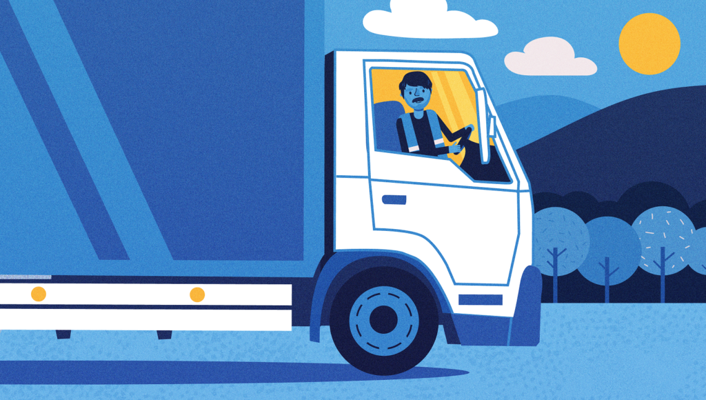 Illustrasjon av lastebil sett fra siden i landskap