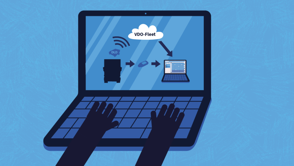 Illustrasjon av PC med VDO Fleet ikoner